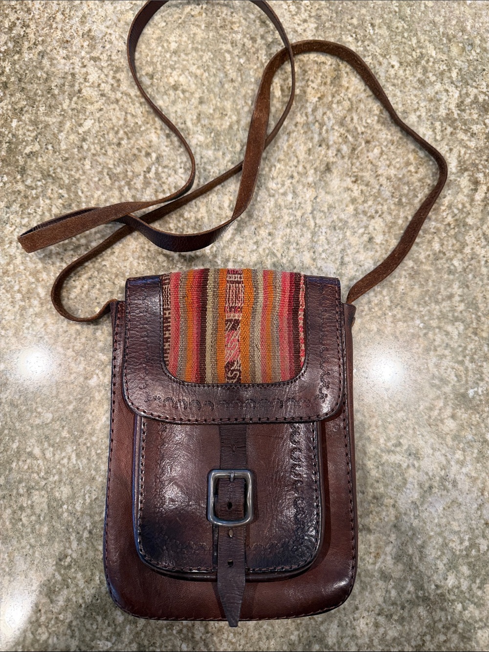 Brown Tooled Leather and Textile Crossbody Bag